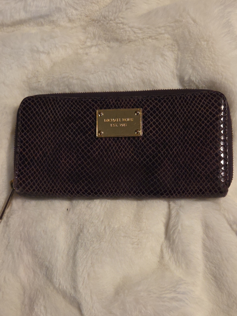 Michael Kors Dark Brown Snake-Embossed Zip Wallet with Gold Plaque